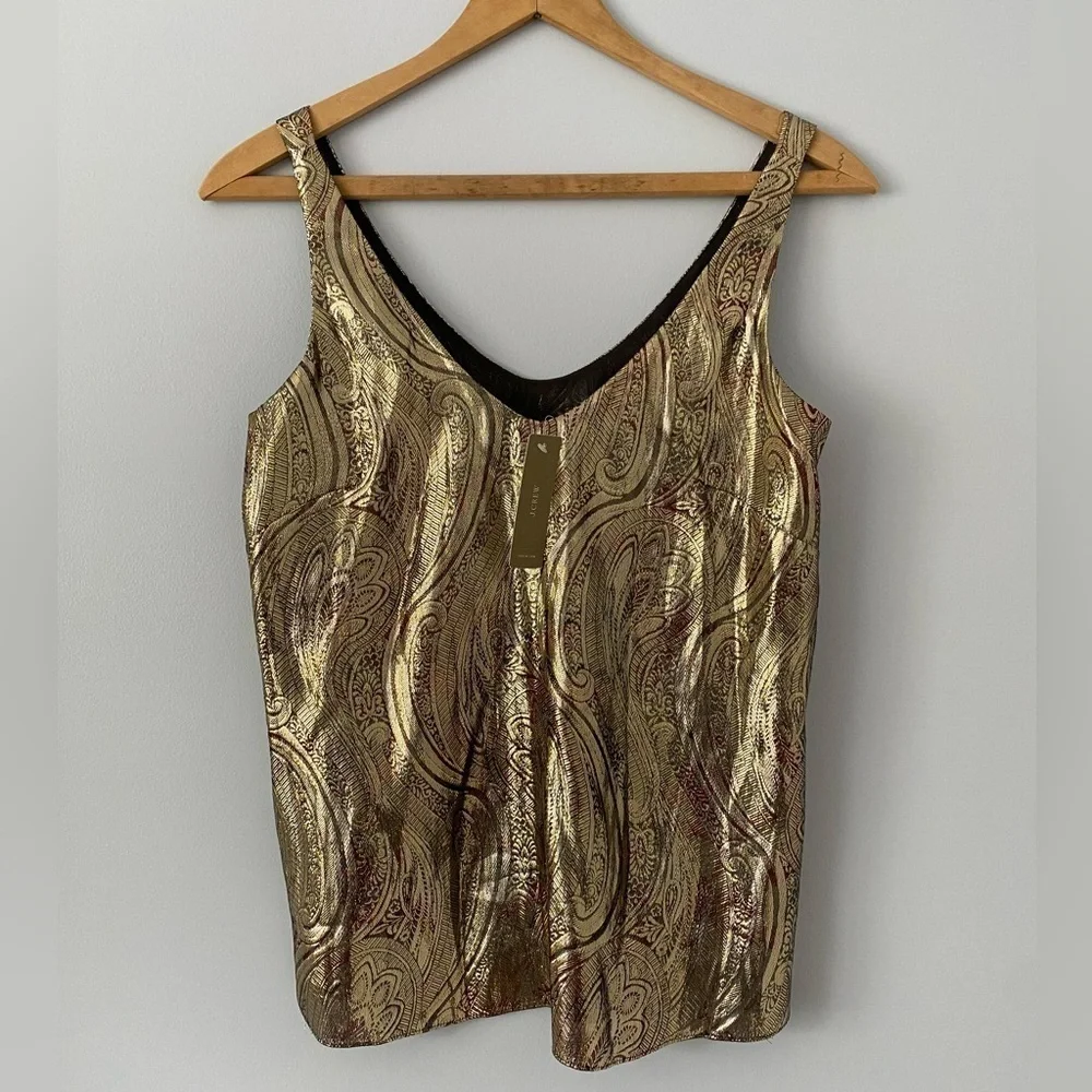 NWT J. Crew Cate Cami Gold Top Tank Metallic Silk Paisley, NWT, Size 0